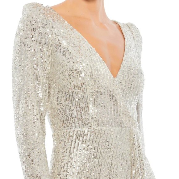 MAC DUGGAL 26395 SEQUIN FAUX WRAP SILVER EVENING GOWN sz 10 - Picture 3 of 8